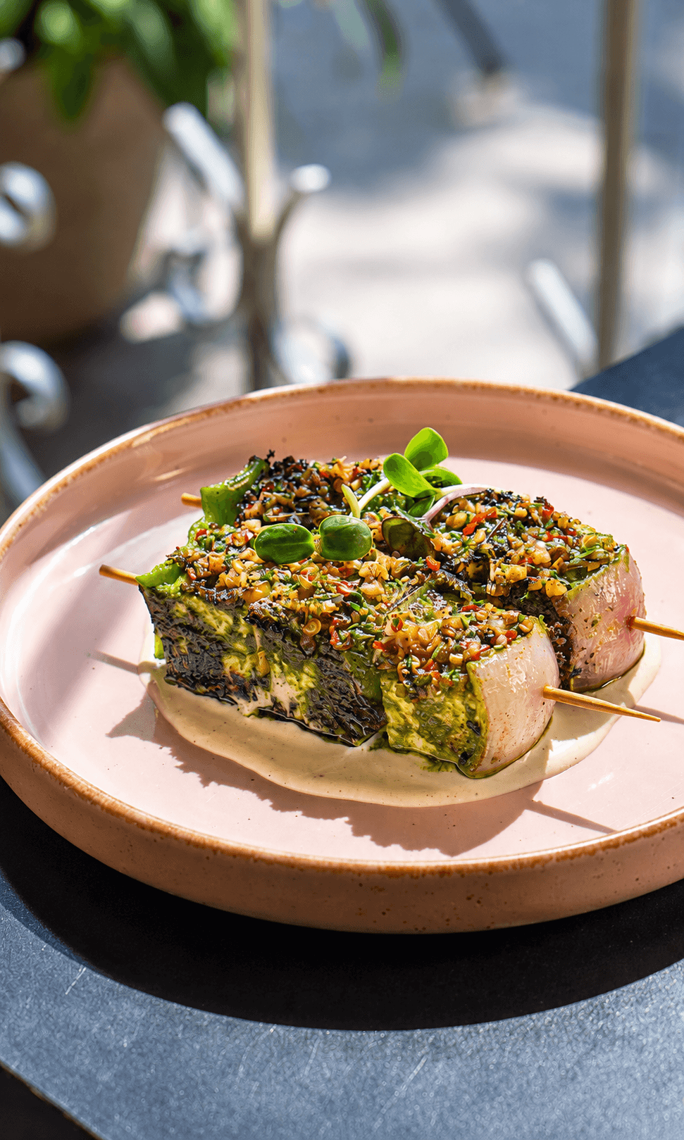 Grilled paneer skewers with herbs and chilli
